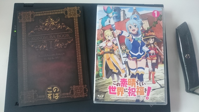 Konosuba book and Blu-ray case