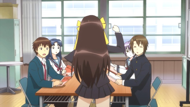 Kyon, Ryoko, Haruhi, Yuki, and Koizumi